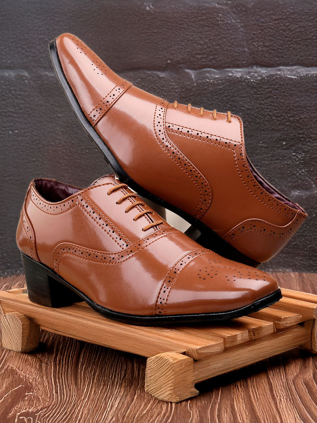 Bxxy Men 5.08 CM Height Increasing Block Heel Formal Semi Brogue Oxford Lace-up Brogues