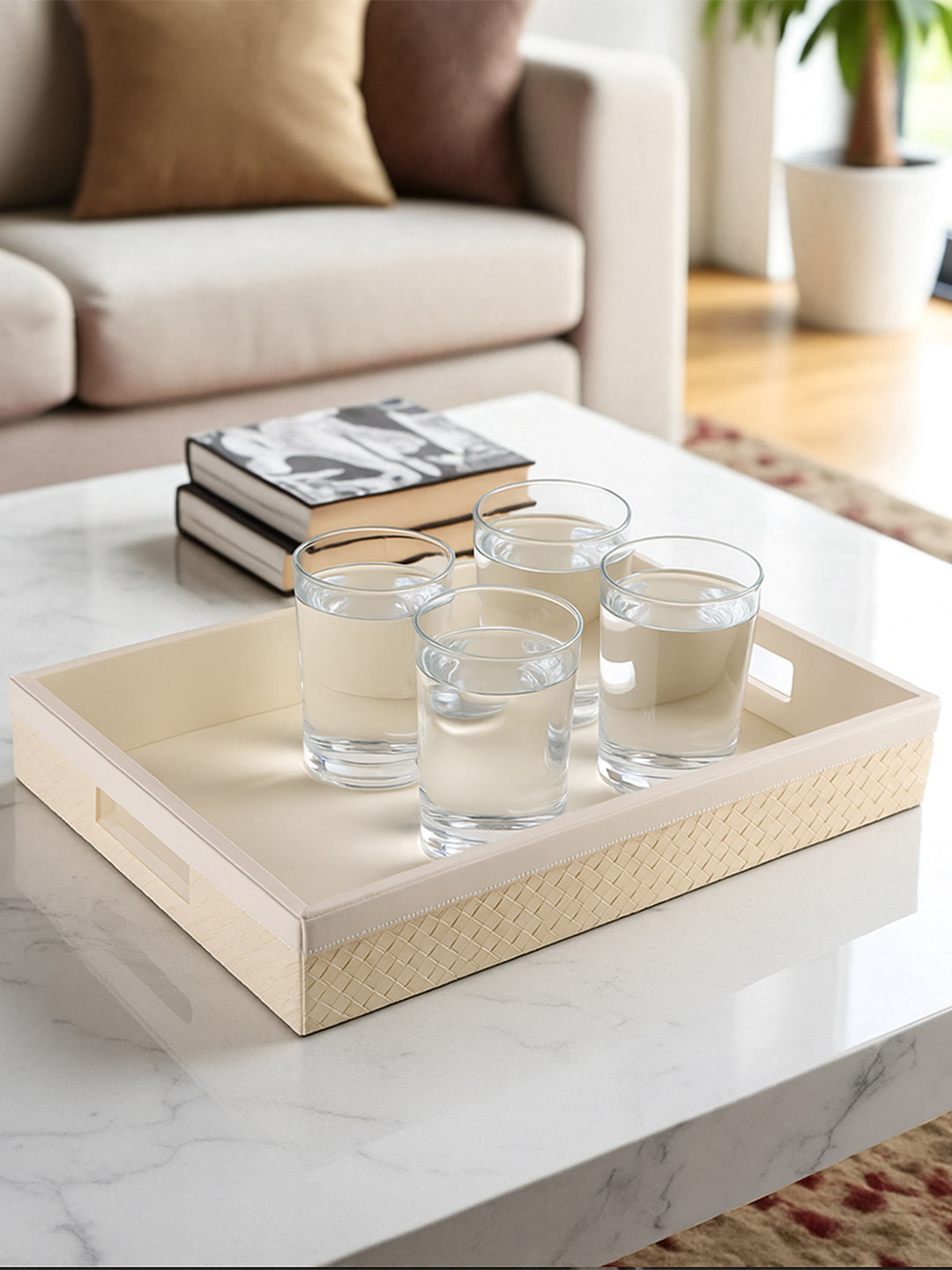 AARVI DECOR STUDIO Off White Faux Leather Rectangular Serving Tray