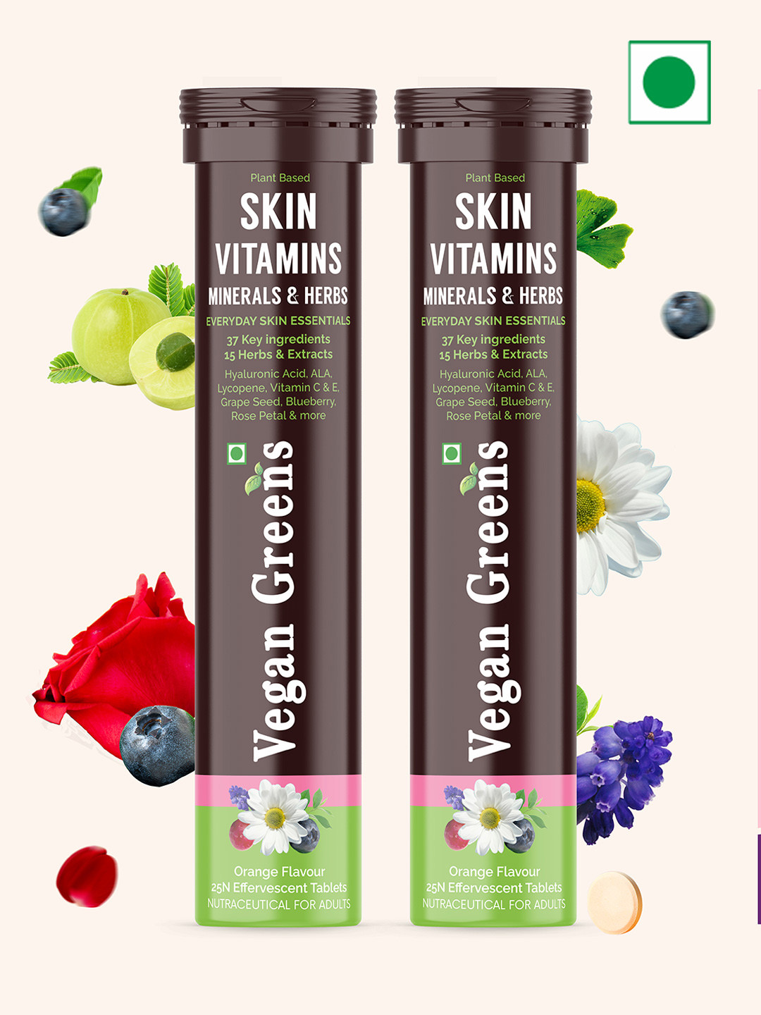Vegan Greens Set Of 2 Skin Vitamins Effervescent Tablets - 25 Effervescent Tablets Each