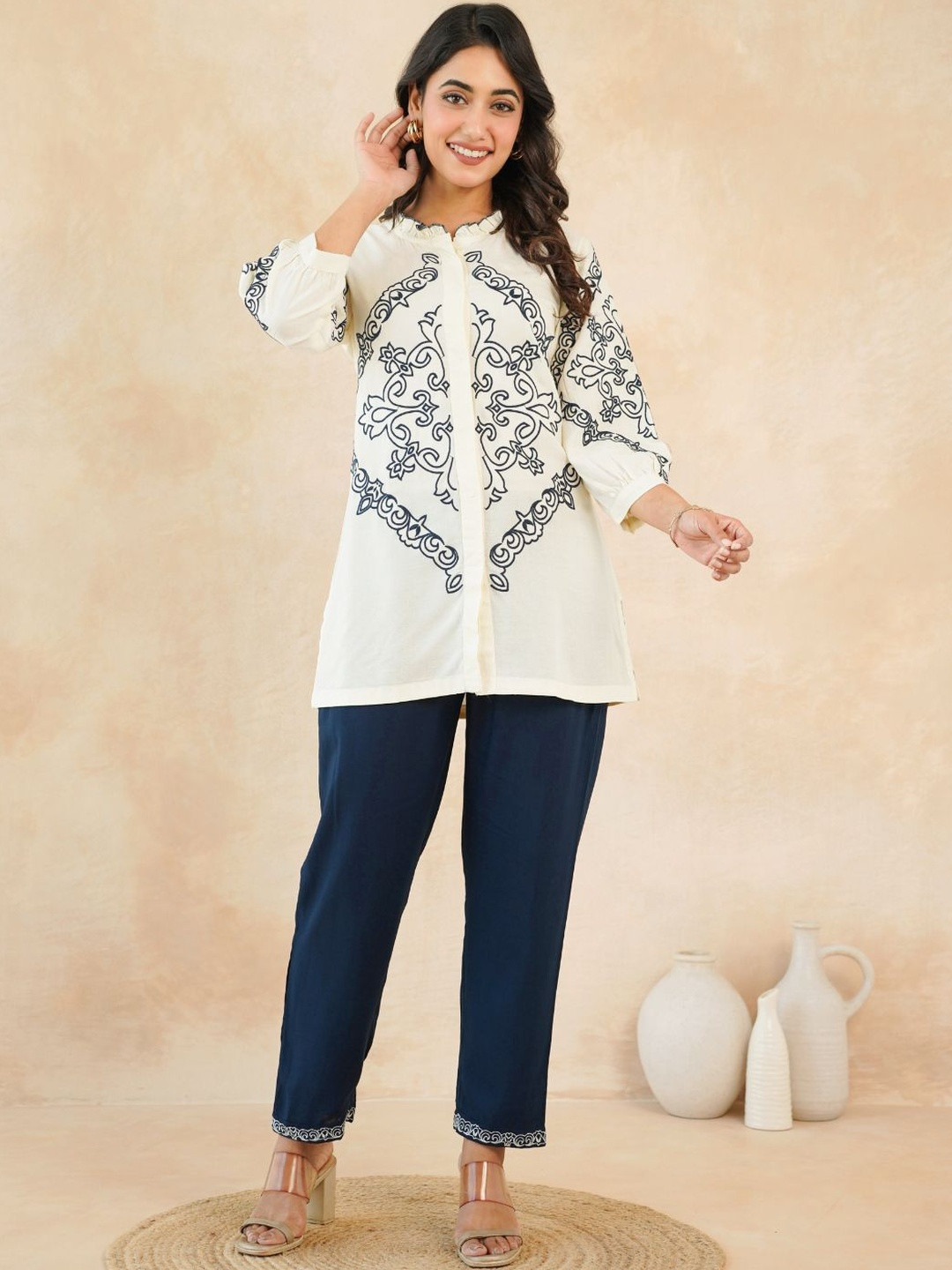 Zolo Label Floral Embroidered Ruffle Collar Tunic With Trousers