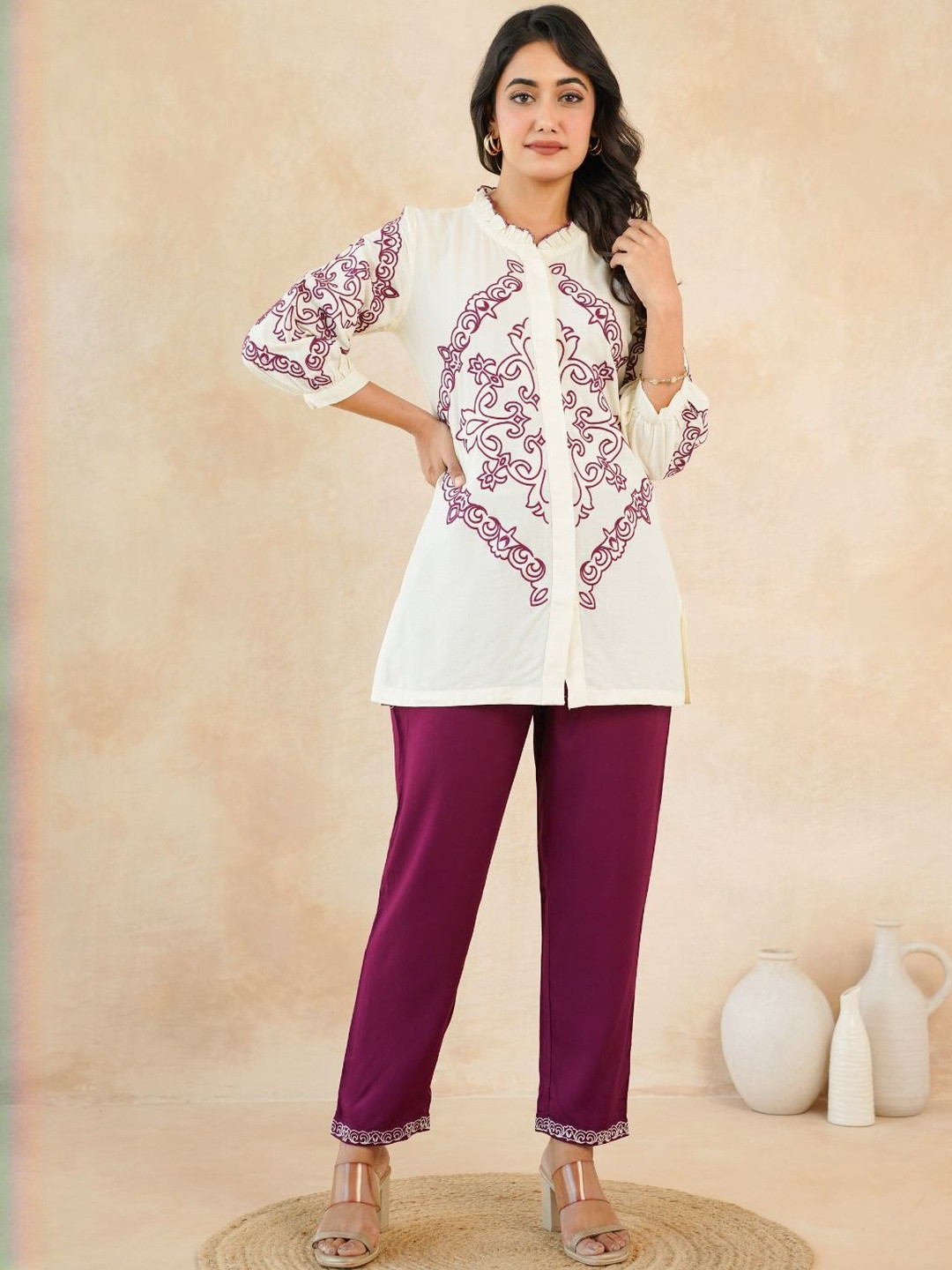 Zolo Label Floral Embroidered Ruffles Collar Tunic With Trousers