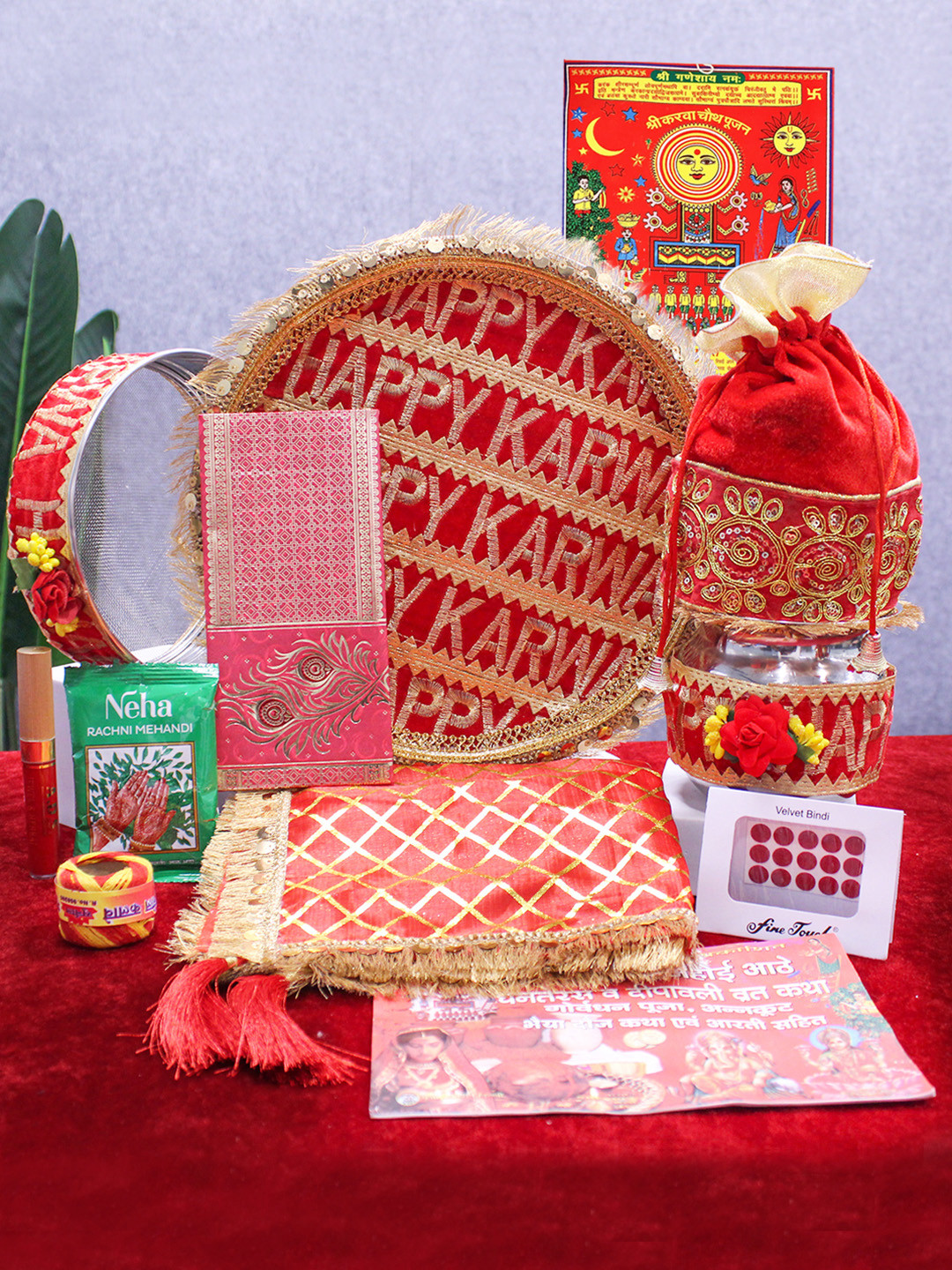 TIED RIBBONS Red & Gold Toned Karwachauth Thali Set With Cover & Pooja Samagri