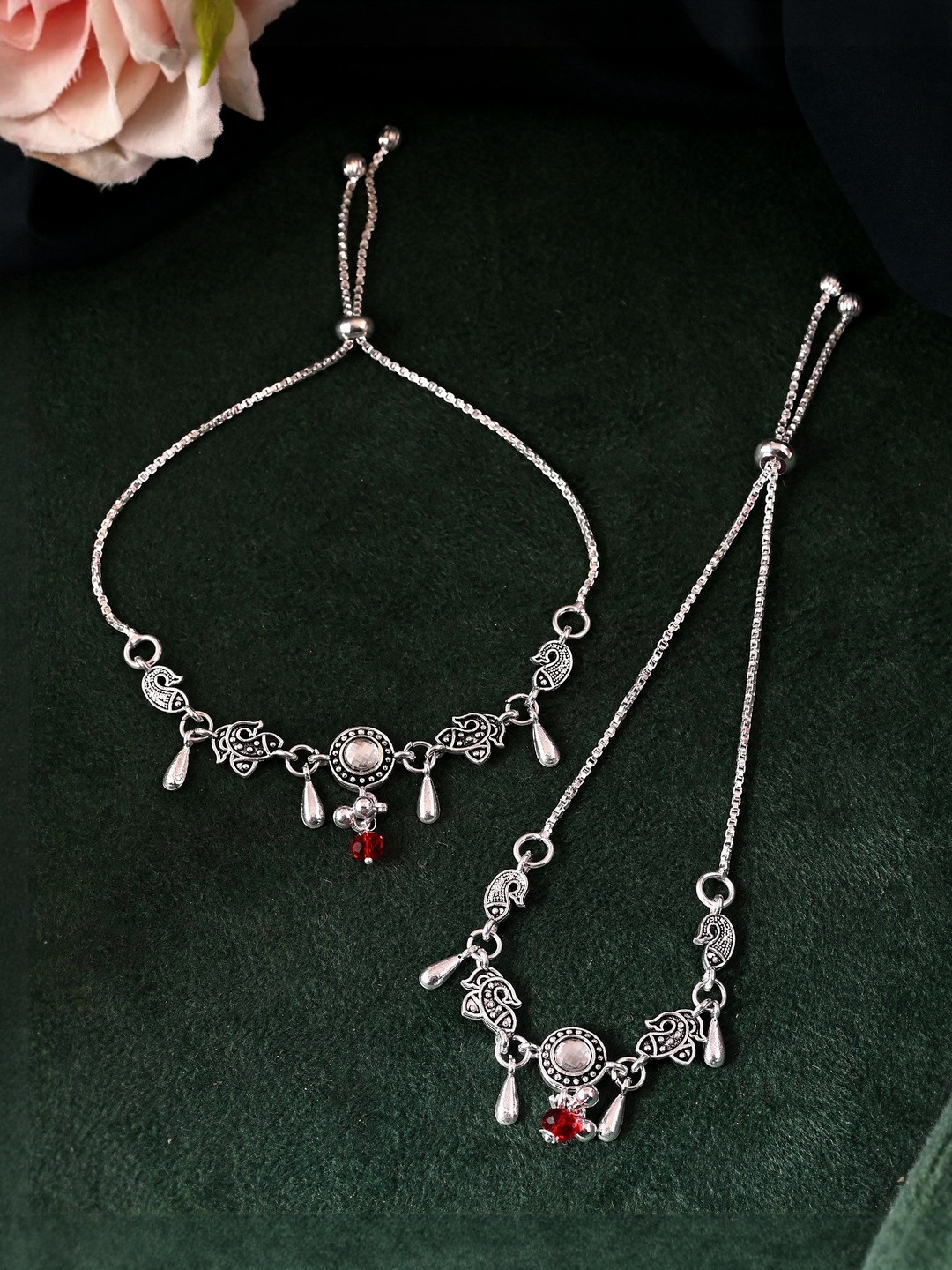 VOJ Set Of 2 Stainless Steel Silver-Plated Stones Studded And Beaded Fish Designed Anklet