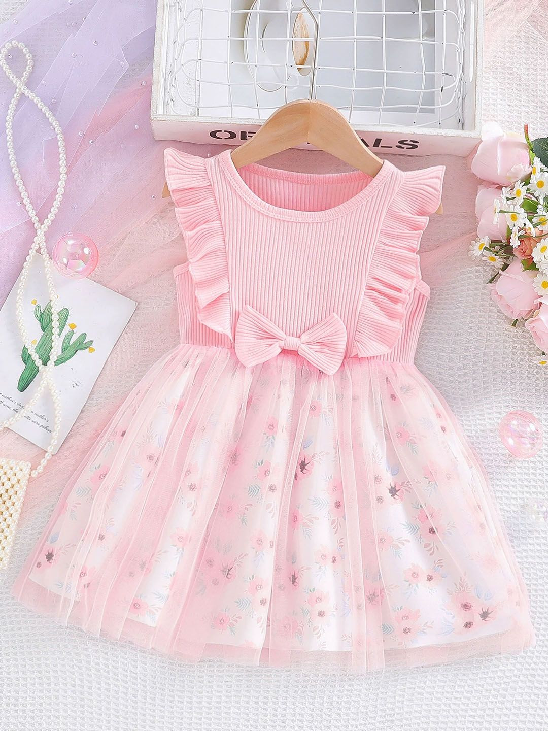 Xsole Girls Floral Printed Ribbed Flutter Sleeves Bow Detail Fit & Flare Mini Dress
