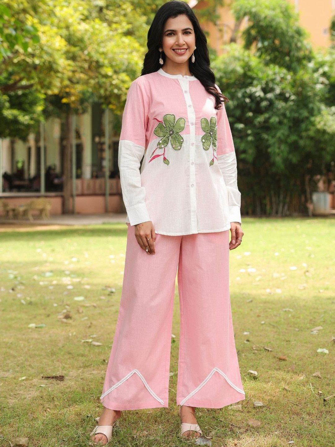 KALINI Women Colorblocked Floral Pearl Embellished Tunic and Palazzos