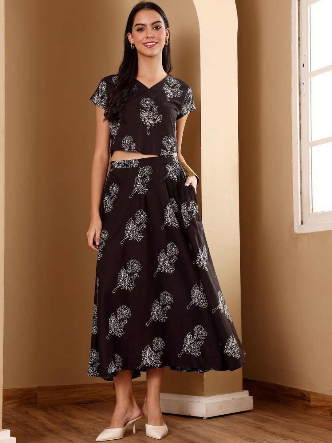 The Quince Life Rose Noir Floral Printed V-Neck Pure Cotton Top With Skirt Co-Ords