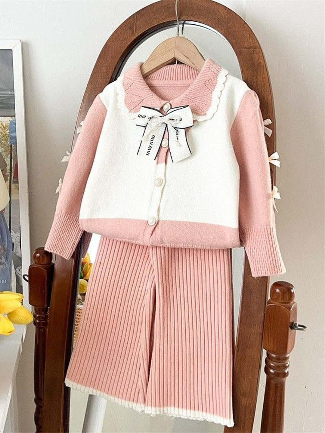 YK Girls Pink & White Bow Embellished Acrylic Shirt Collar Sweater & Trouser Co-Ords