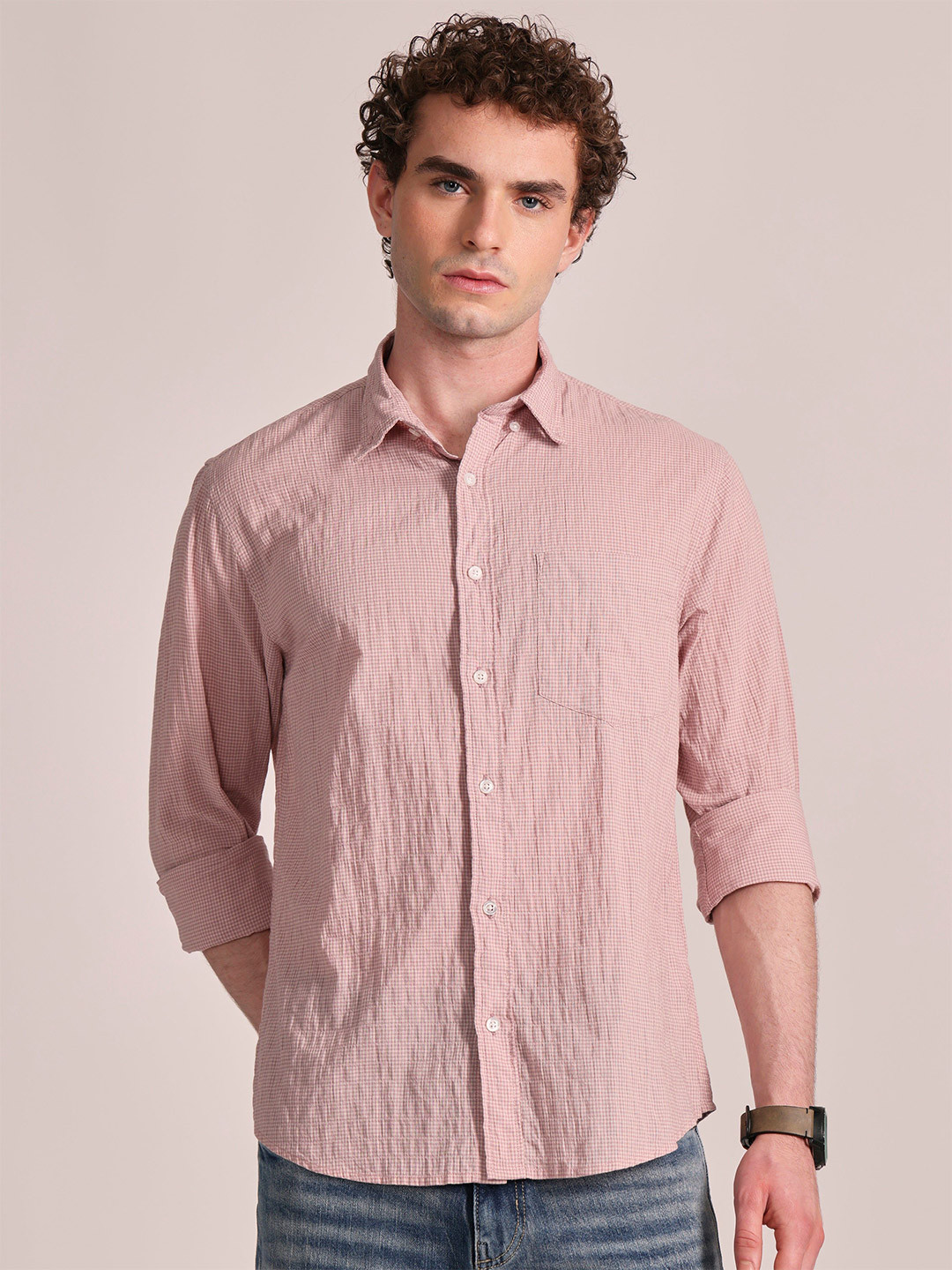 Espanshe Dashiell Men Relaxed Micro Checks Checked Spread Collar Casual Shirt