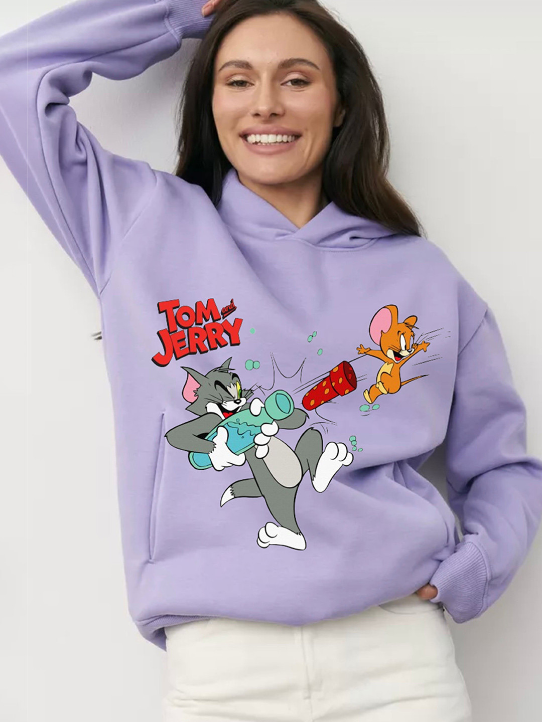 RAYACLOSET Women Tom & Jerry Printed Hooded Oversized Pullover Sweatshirt