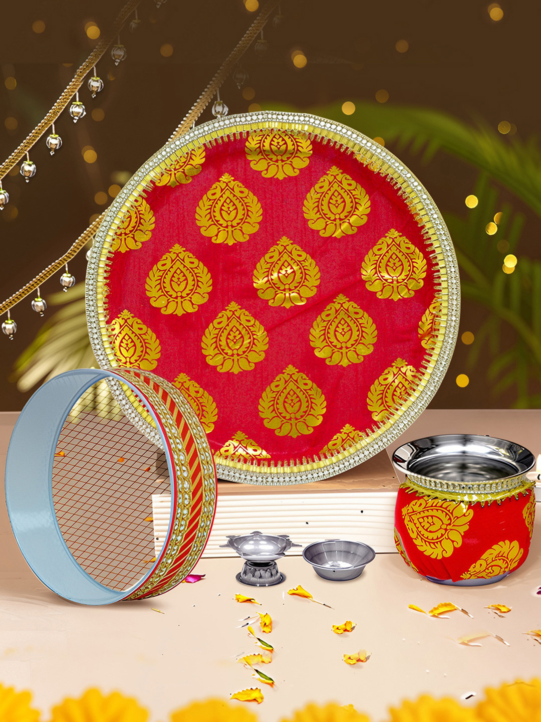 TIED RIBBONS Red & Gold-Coloured Designer Karwachauth Pooja Thali Set