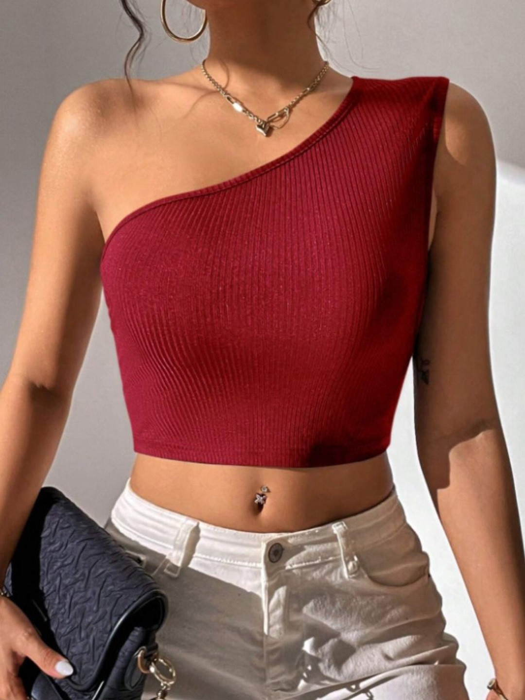 Maroon Ribbed One Shoulder Sleeveless Crop Top