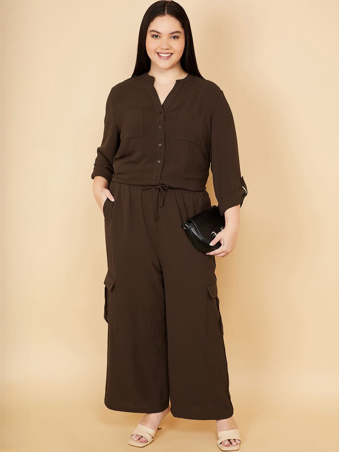 max Women Mocha Mousse Textured Mandarin Collar Roll-Up Sleeves Shirt Style Top