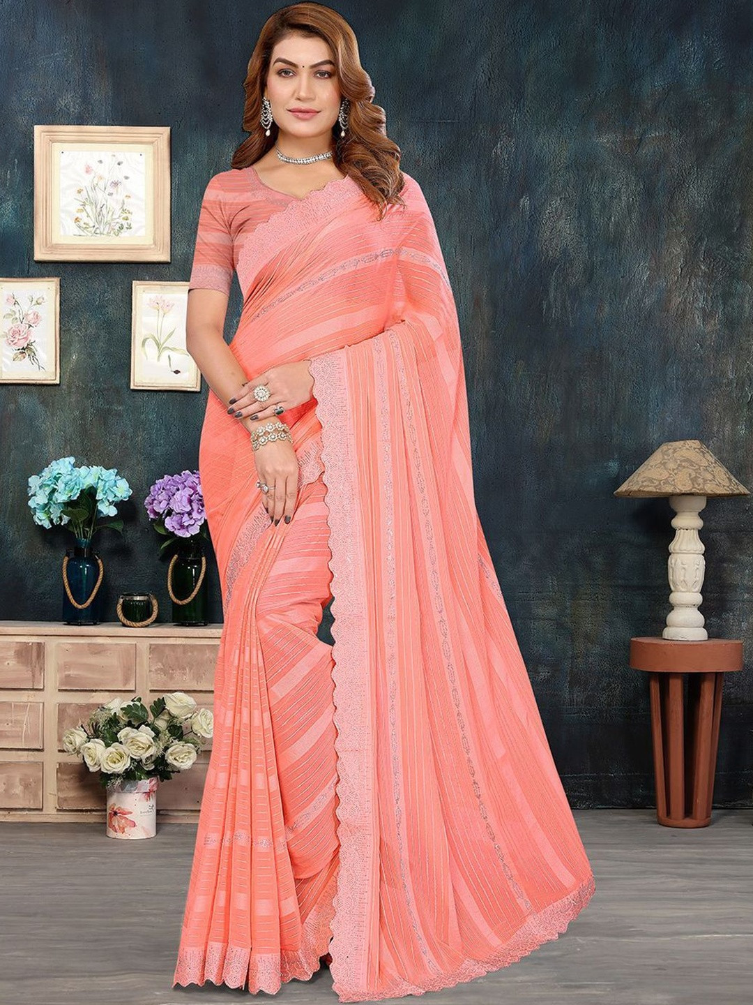 THL - THE HOUSE OF LINEN Striped Embroidered Border Saree With An Unstitched Blouse Piece