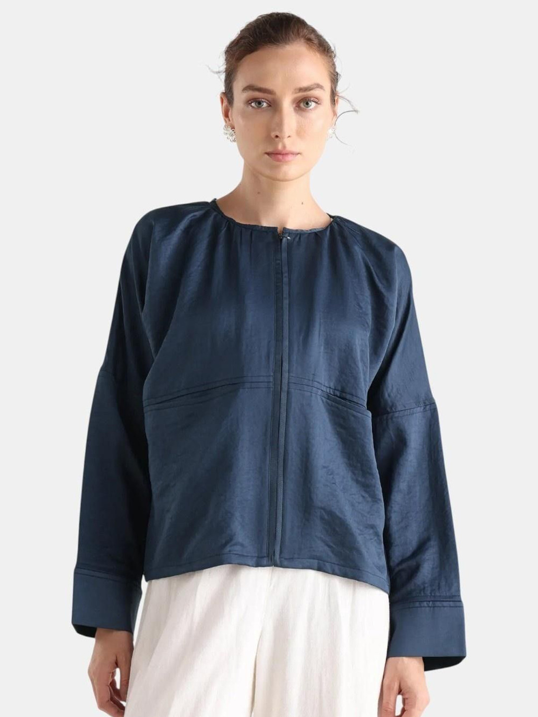 RAREISM Women Nisat Navy Polyester Round Neck Relaxed Fit Tailored Jacket