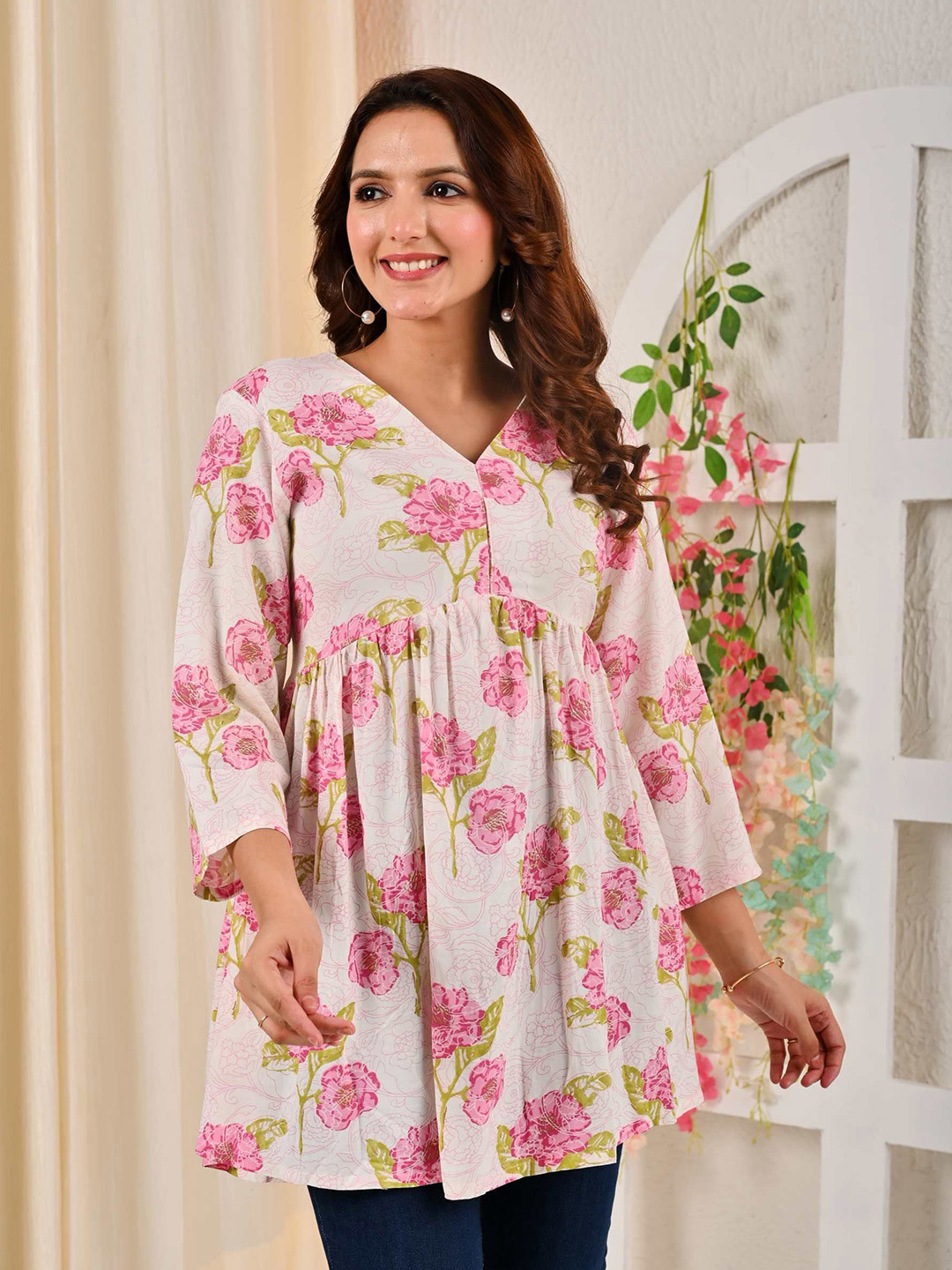 Mahiras Comfort Floral Printed V Neck Empire A Line Kurti