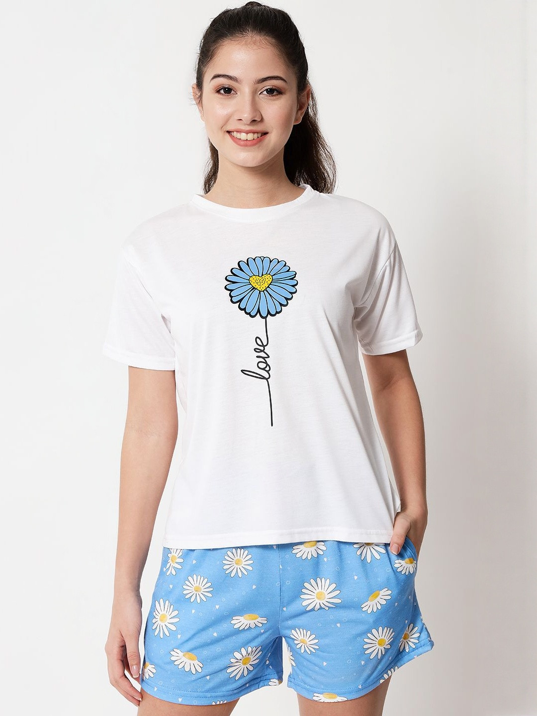 FFLIRTYGO Women Floral Printed Pure Cotton T-shirt & Shorts Night suit