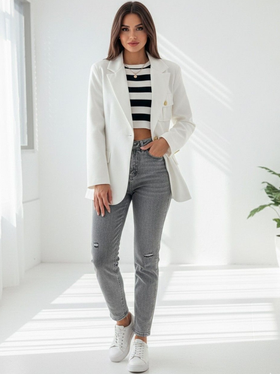 DressBerry Women White Casual Polyester Blazer