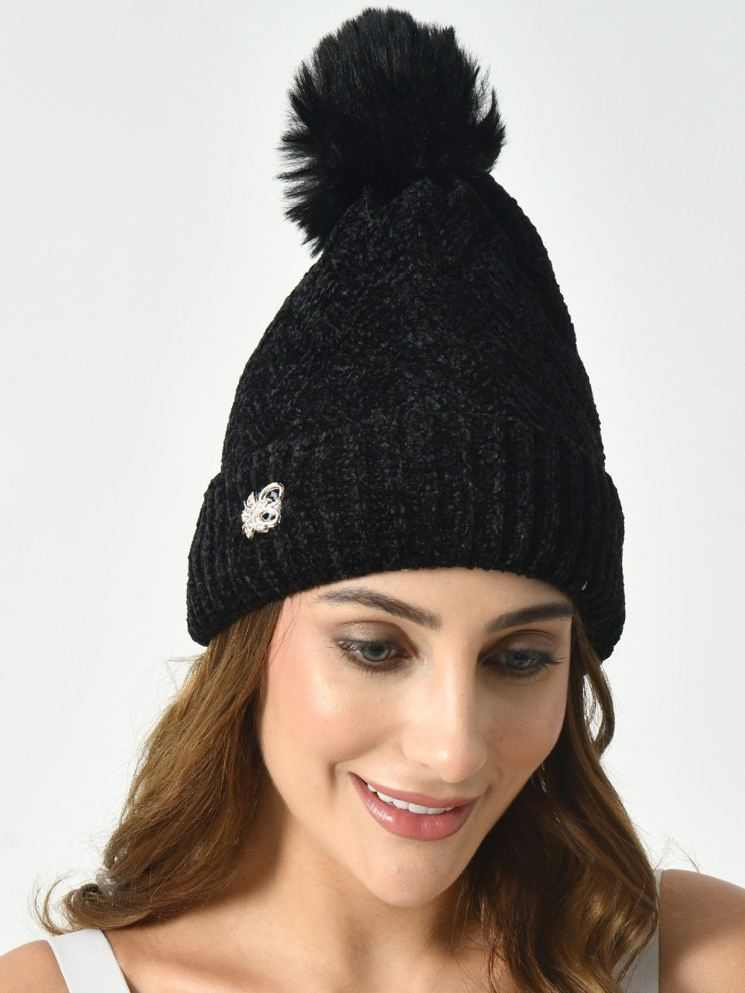 Tomkot Women Black Woolen Winter Cap Hat with Pompom On Top