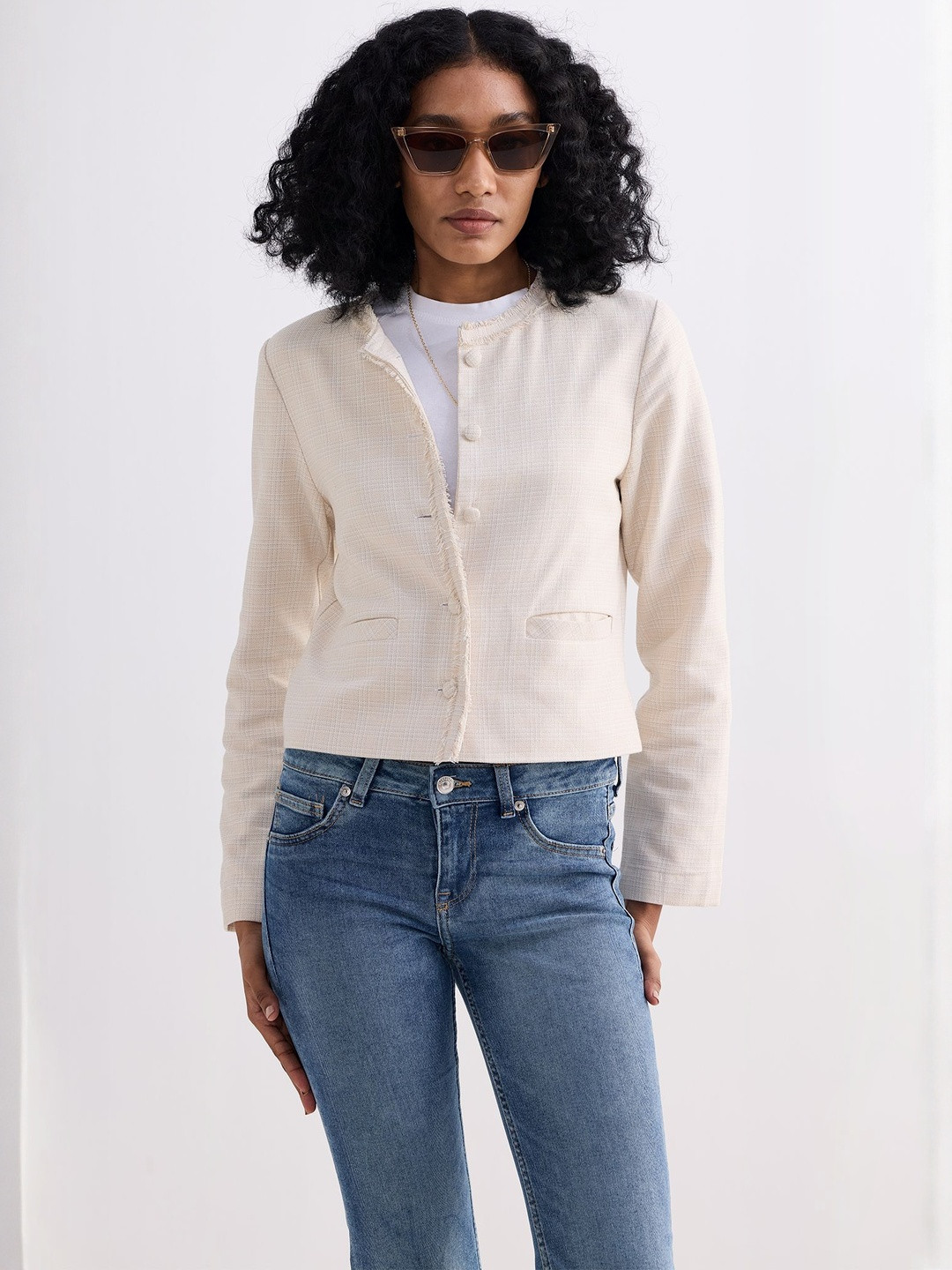 Reistor Women Collarless Checked Cotton Tailored Jacket