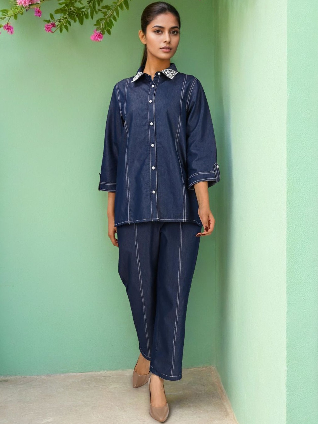 Zolo Label Contrast Stitch Chambray Shirt With Trousers