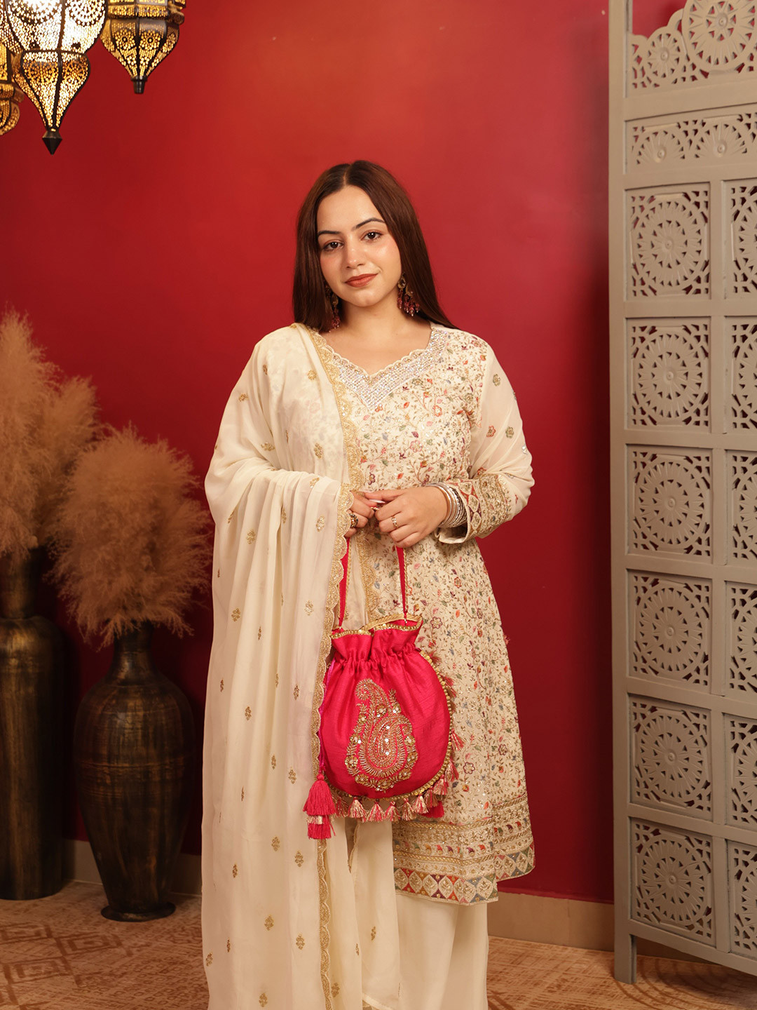 Suave Bags Ethnic Motifs Embellished Bucket Handheld Potli Bag with Tasselled