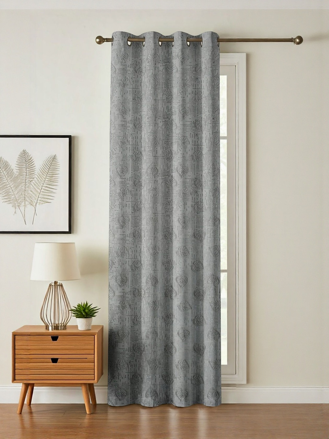 GEET CREATIONS Grey Floral Self Design Room Darkening Long Door Curtain