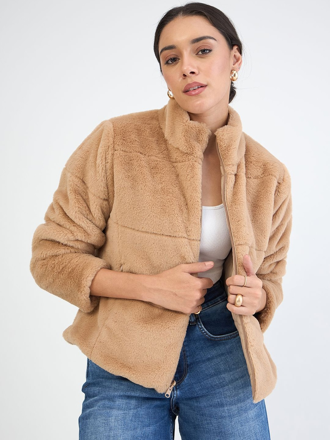 FEMMELLA Women Beige Fur Mock Collar Long Sleeves Reversible Bomber Jacket