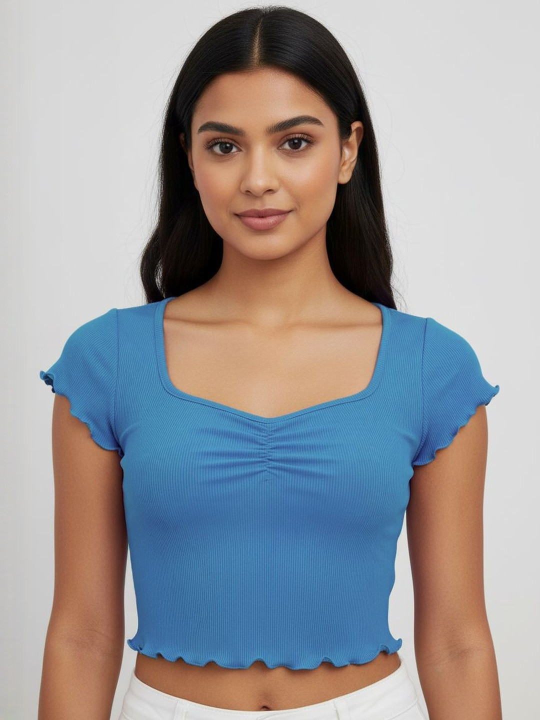 ANBICH DESIGNS Blue Ribbed Square Neck Crop Top