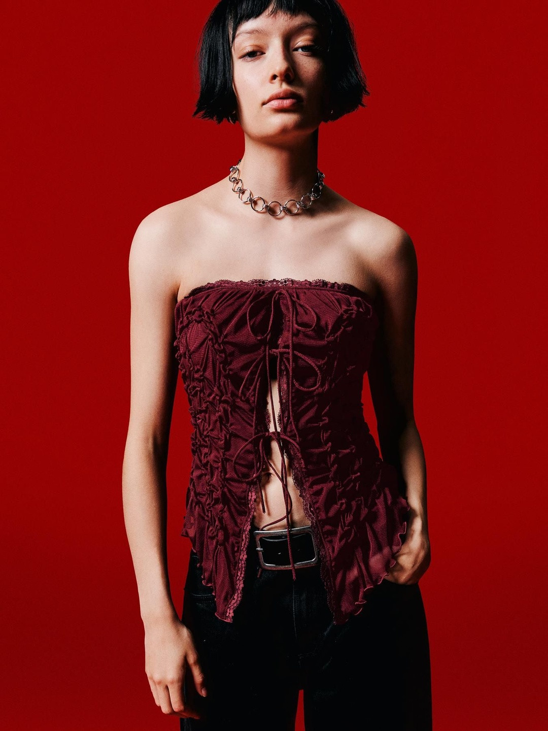 Bershka Strapless Frilled Tube Crop Top