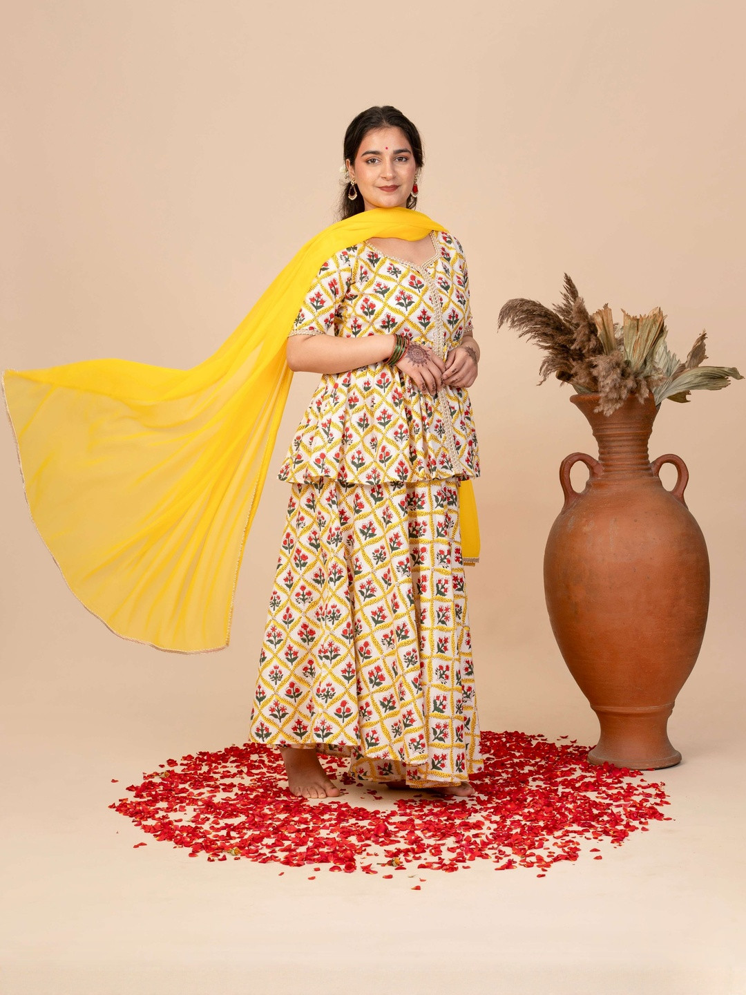 RareReach Women Ethnic Motifs Printed Cotton A-Line Kurta with Skirt & Dupatta