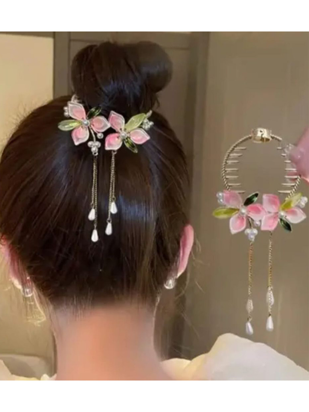 Medbuddy Women Gold Plated Flower Artificial Beaded Hair Bun Clip