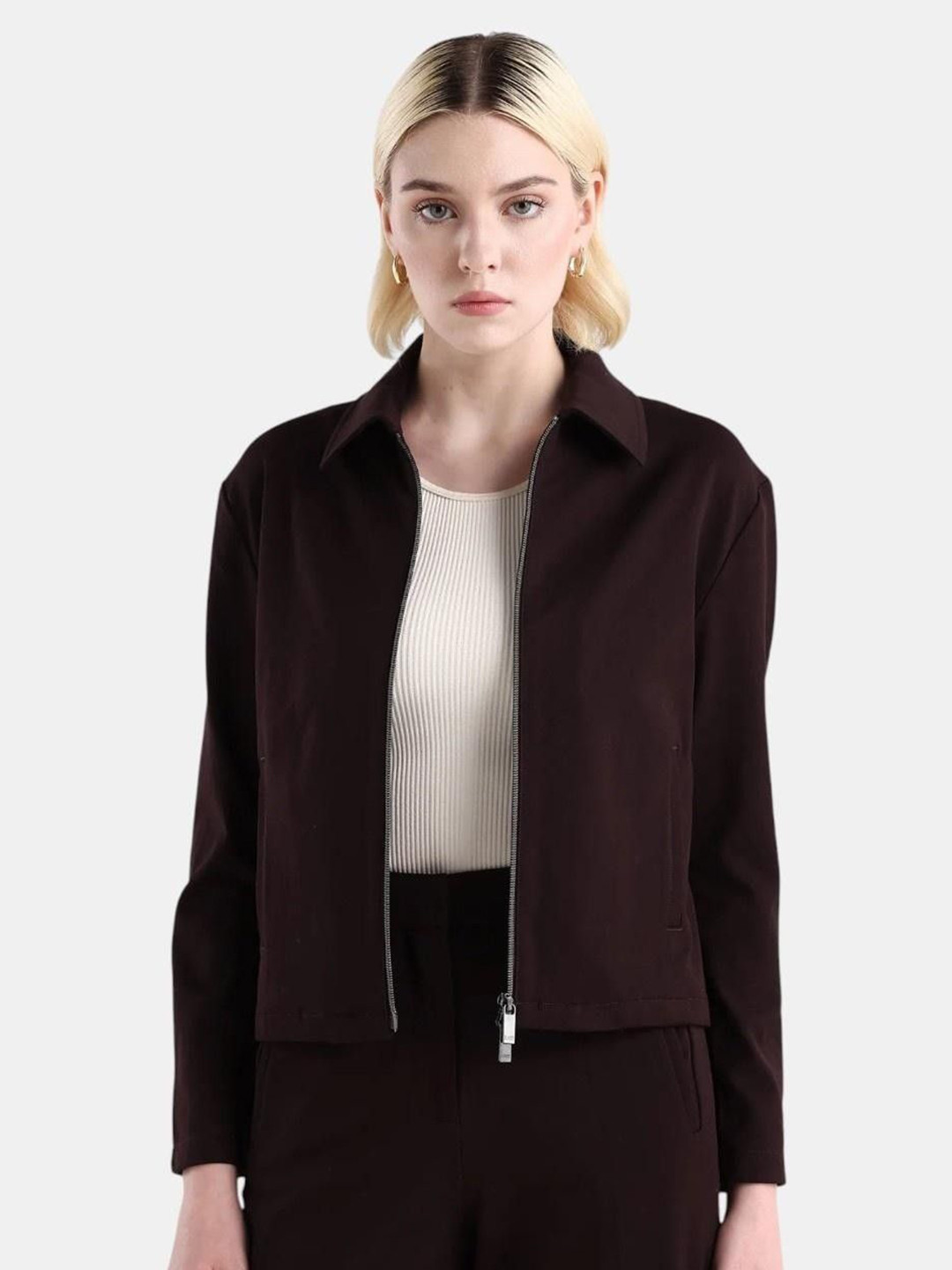 Rareism Women Maroon Polyester Blend Spread Collar Regular Plain Jacket