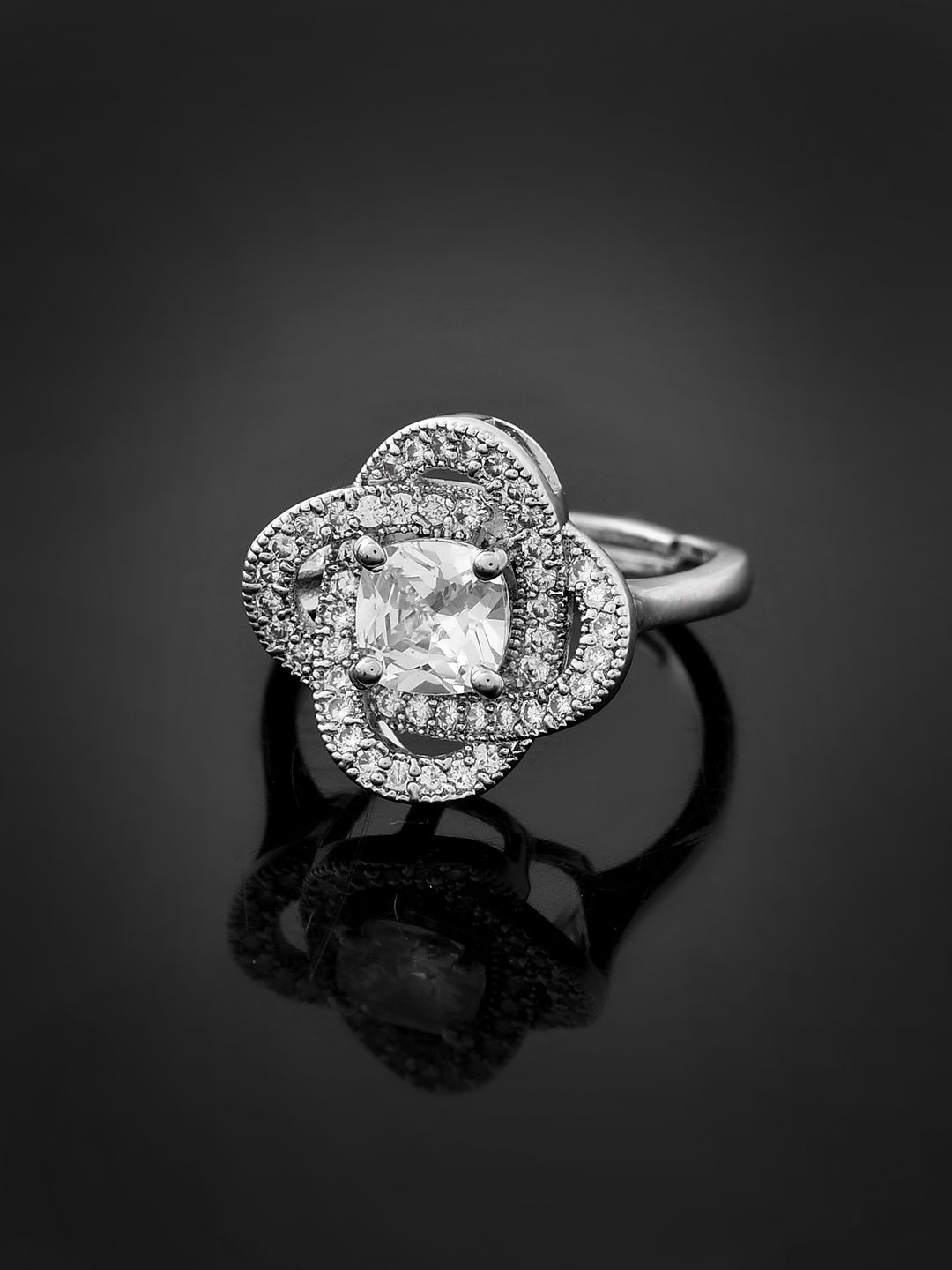 Voylla Rhodium-Plated Sparkling Elegance Radiant Grace American Diamond-Studded Ring