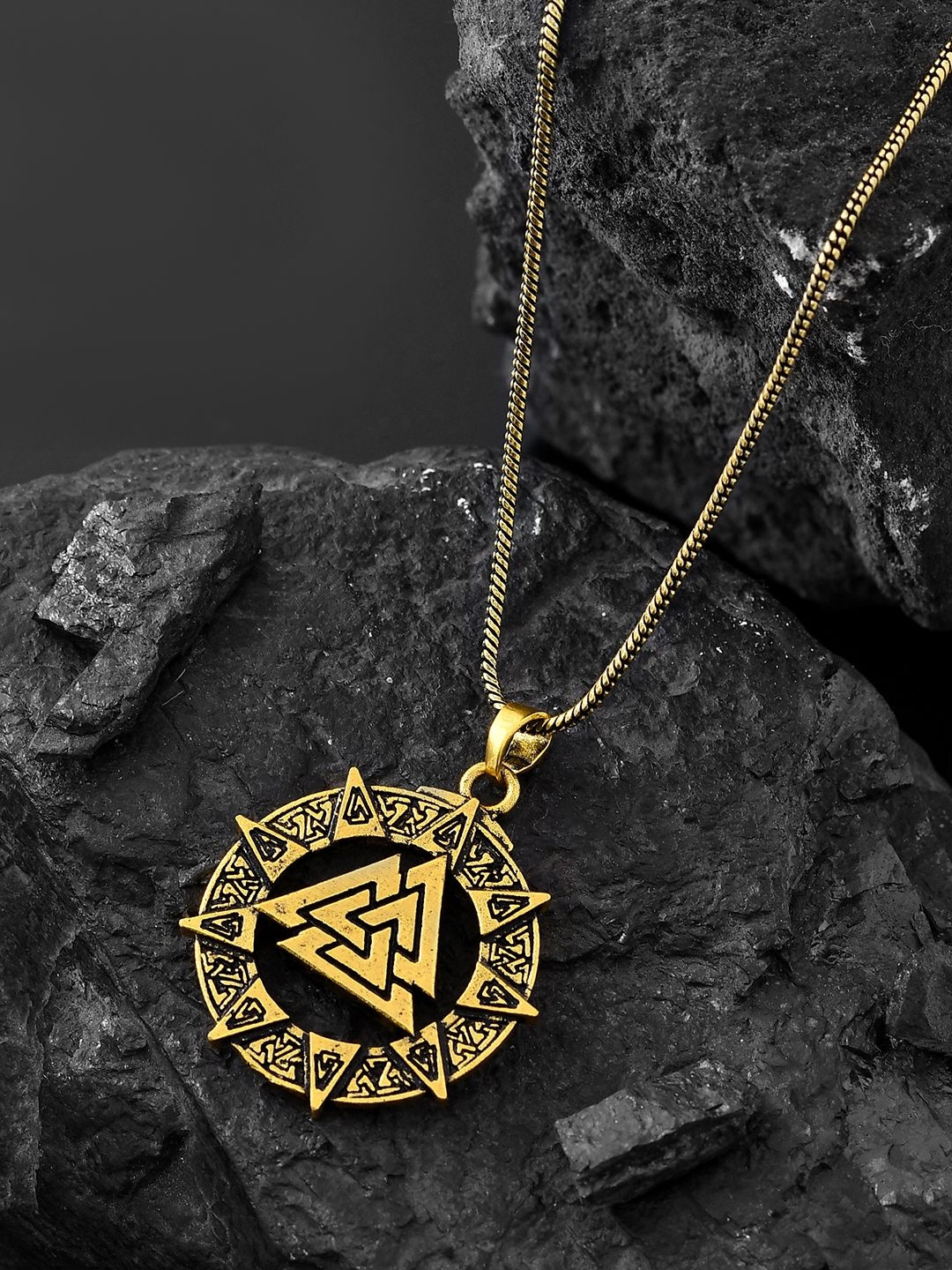 Voylla Men Gold-Plated Statement Valknut Star Quirky Shaped Oxidised Pendant With Chain