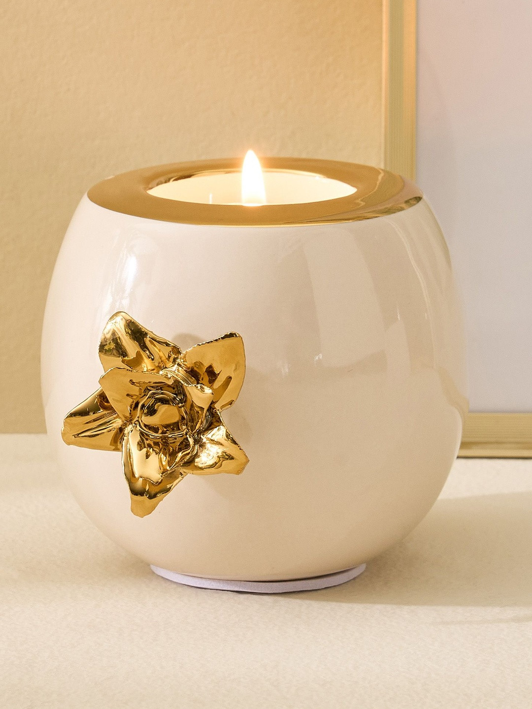 Home Centre White & Gold Toned Ceramic Floral T-Light Candle Holder