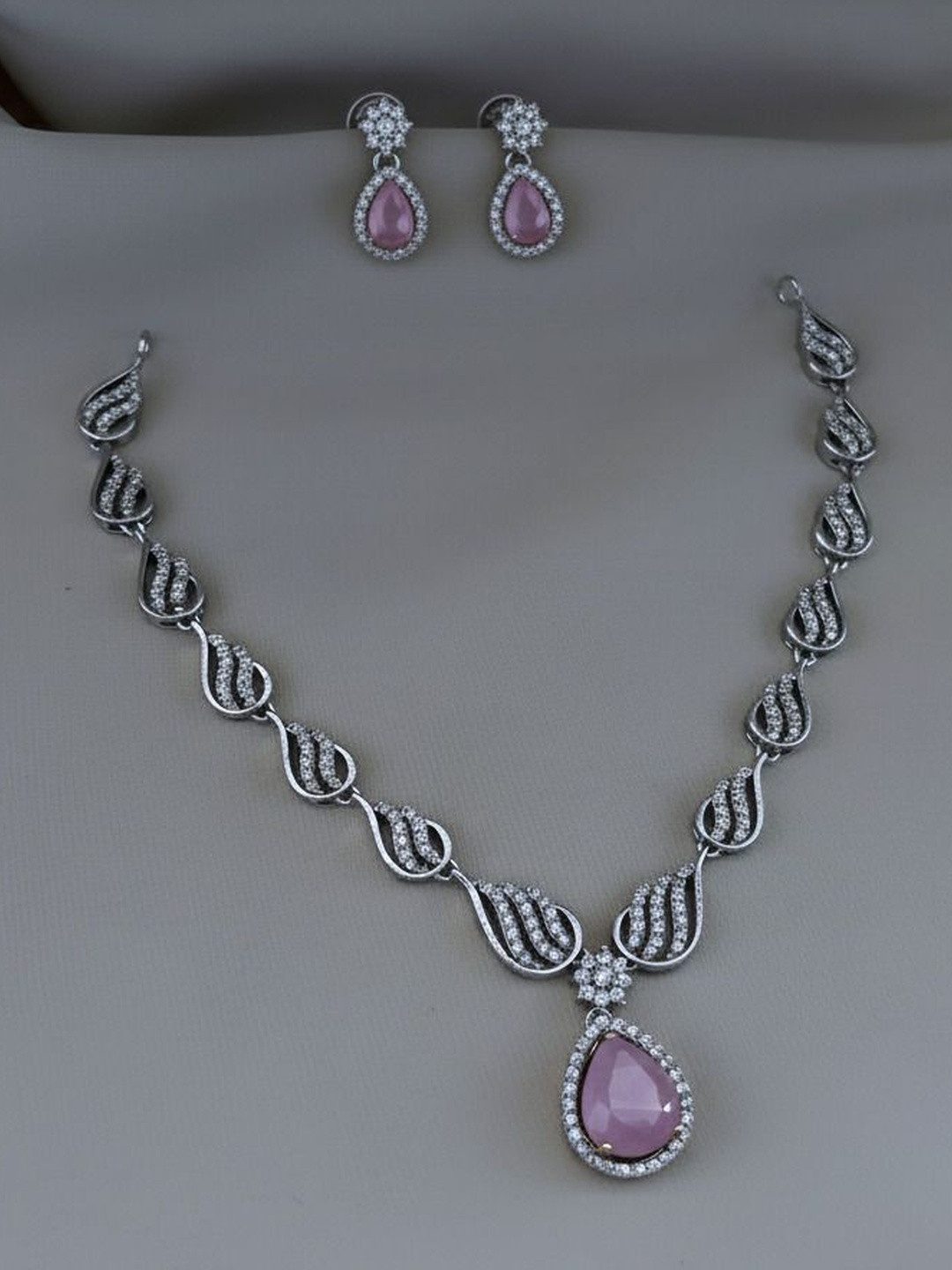 FANCY KF Silver-Plated American Diamond-Studded Necklace And Earrings