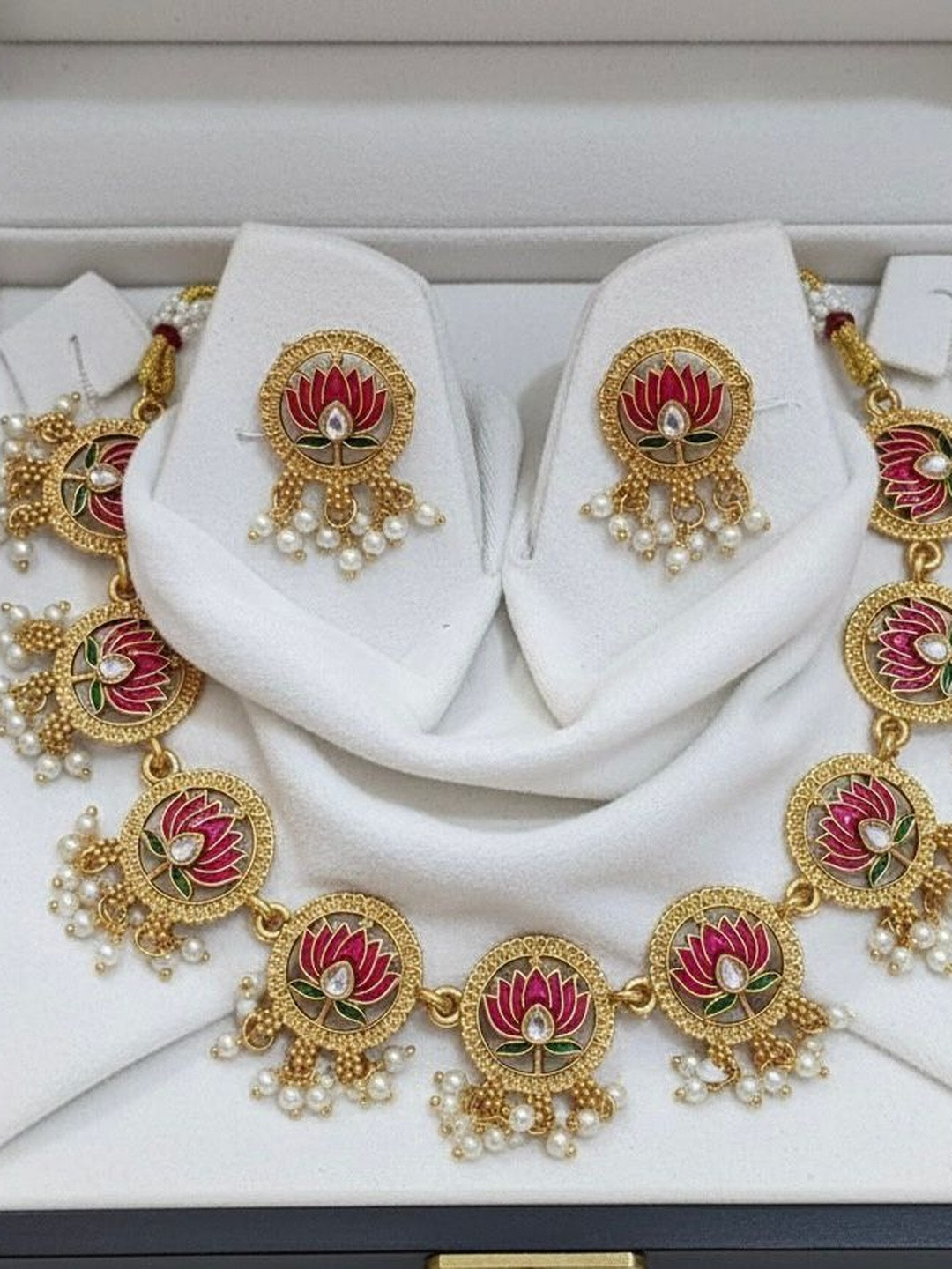 Crown Fabulous Jewellery Traditional Lotus Design Gold-Plated Necklace Set with Earrings