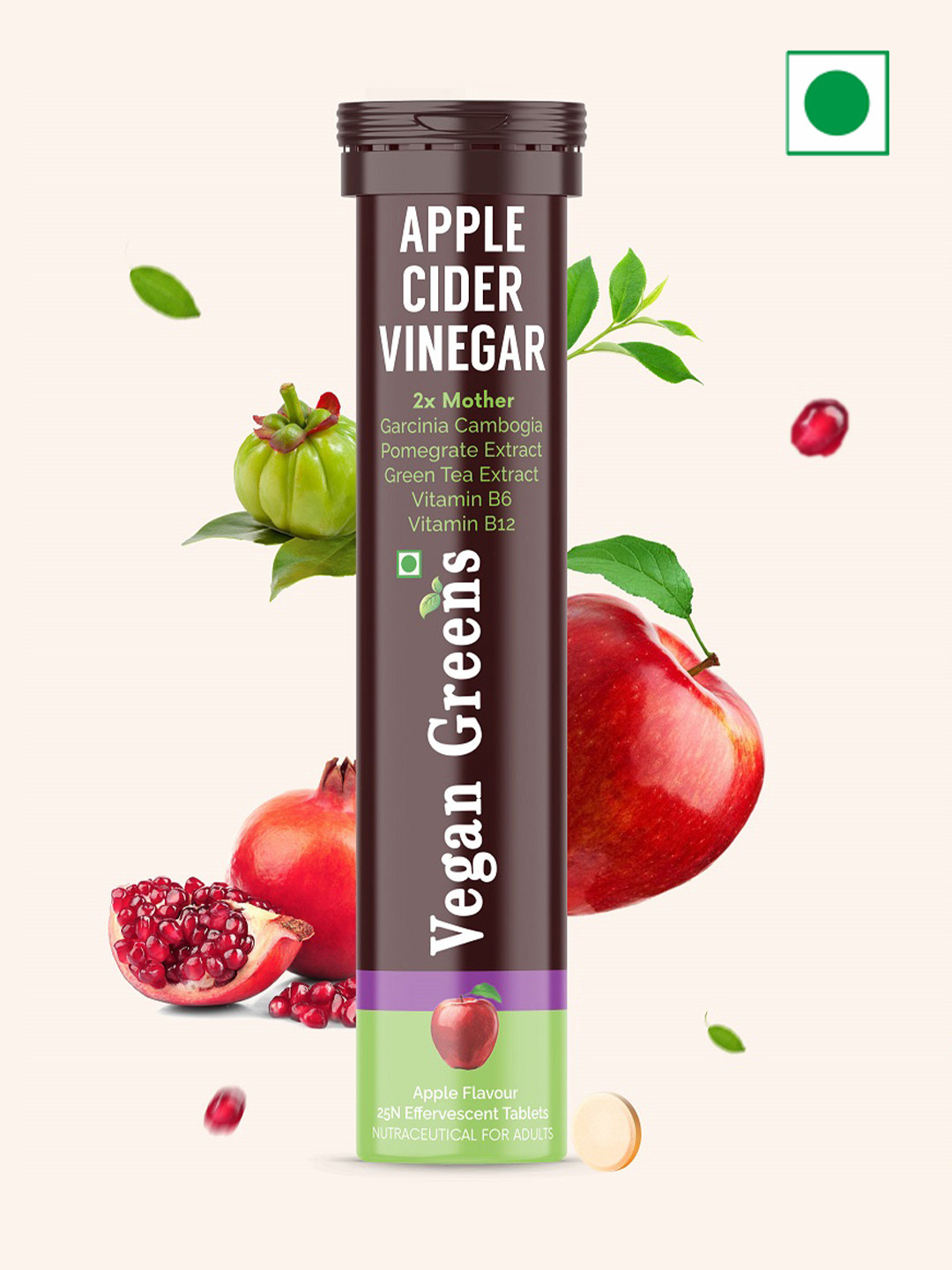 Vegan Greens Apple Cider Vinegar 2x Mother Garcinina Green Tea Tablets - 25 Tablets