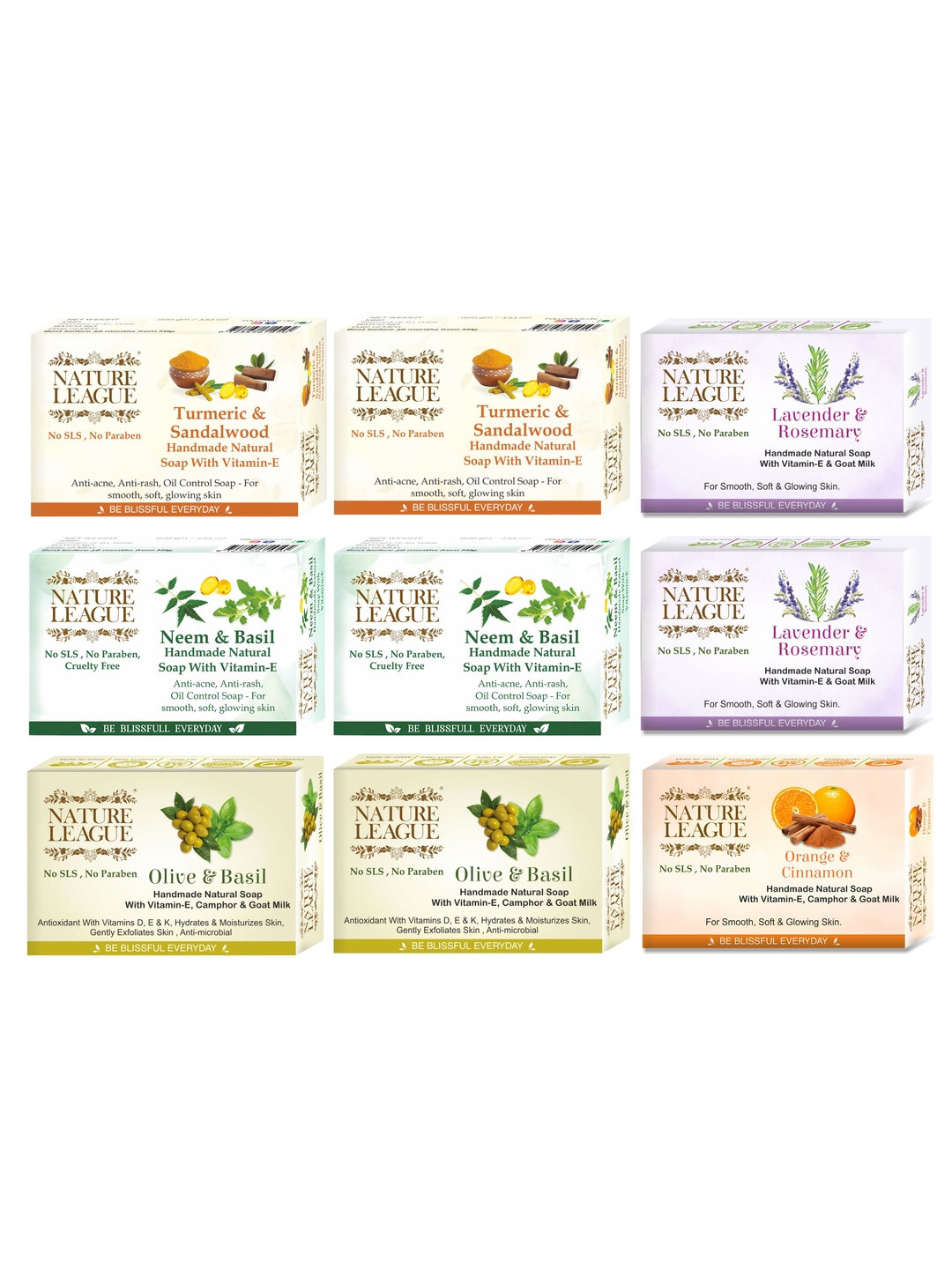NATURE LEAGUE Set Of 9 Natural Skin Nourishing Soaps  - 100 g Each