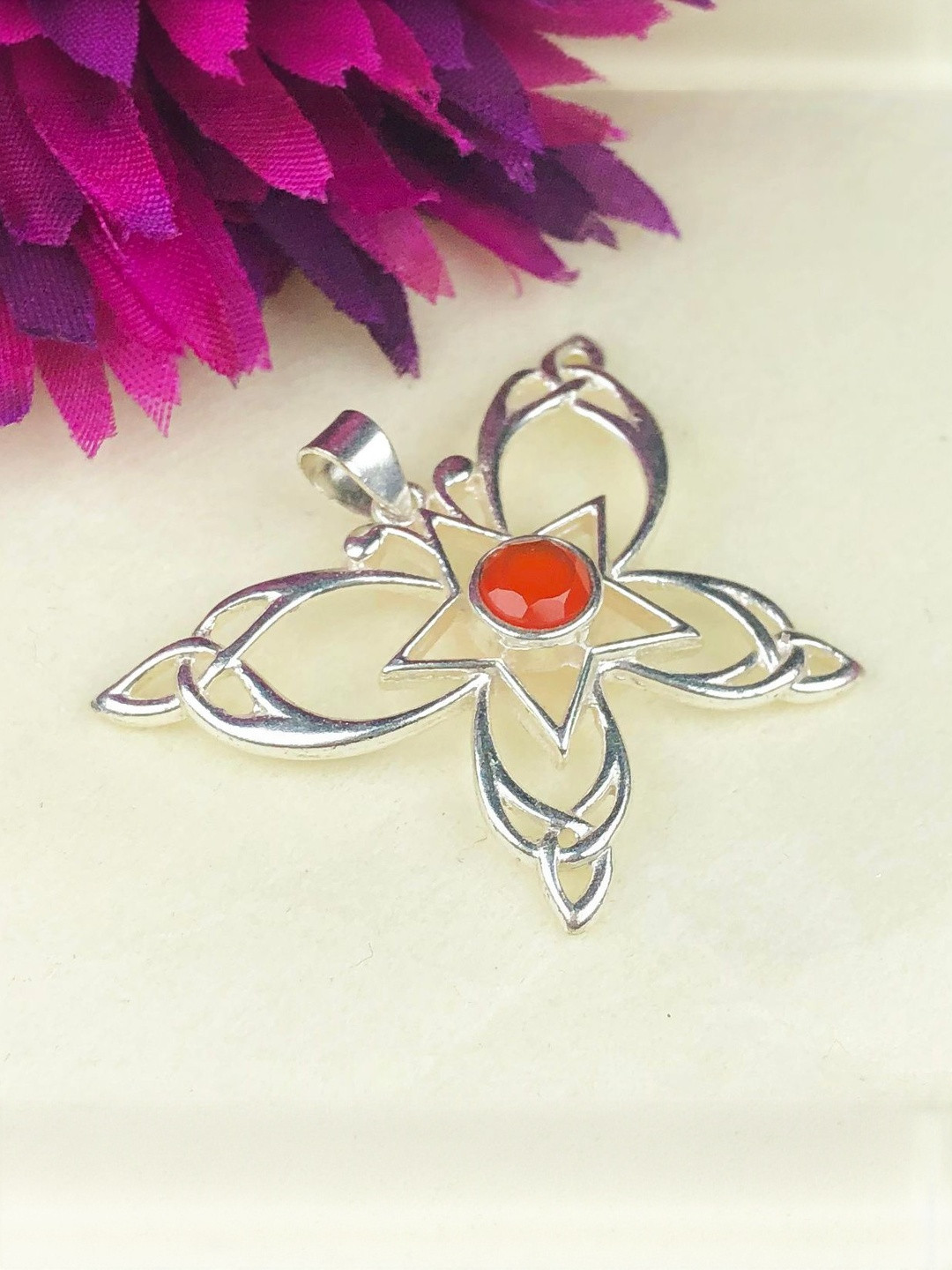 Zhupuk Silver-Plated Carnelian Studded Geometric Pendants