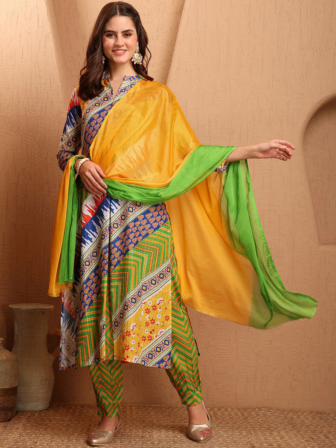 Sangria Women Printed Calf Length Regular A-Line Front Slit Kurta Salwar With Dupatta Set