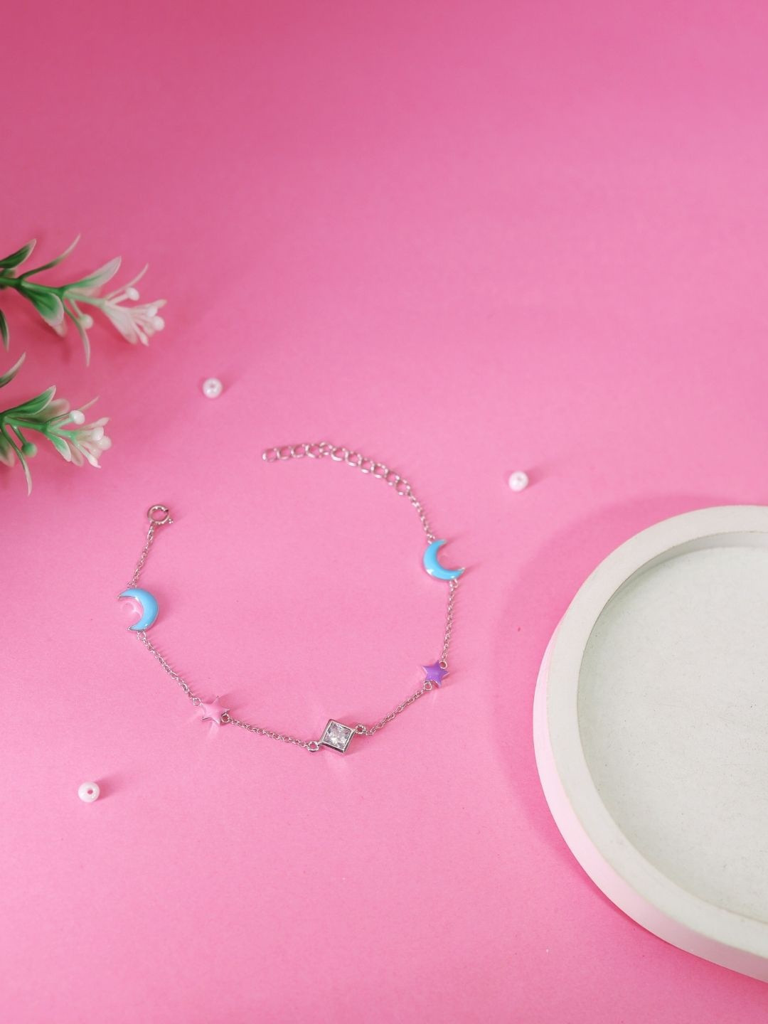 ShimmerTots Girls 925 Sterling Silver Rhodium Plated Enamel Anklet With CZ Studded Charm