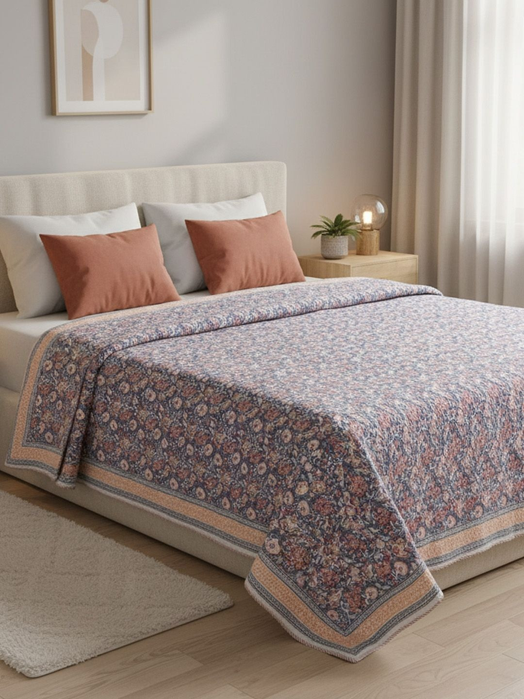 Baarno Purple & White Floral Printed Cotton Mild Winter 400 GSM Double King Quilt