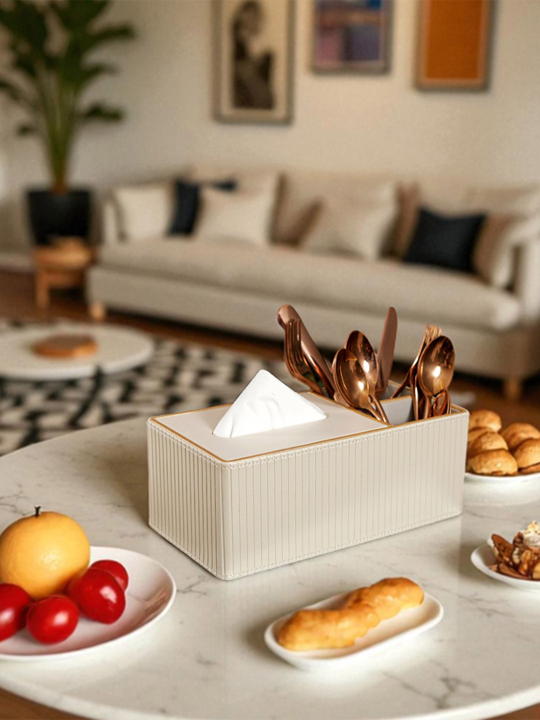 AARVI DECOR STUDIO White Faux Leather Tissue Holder Storage Box