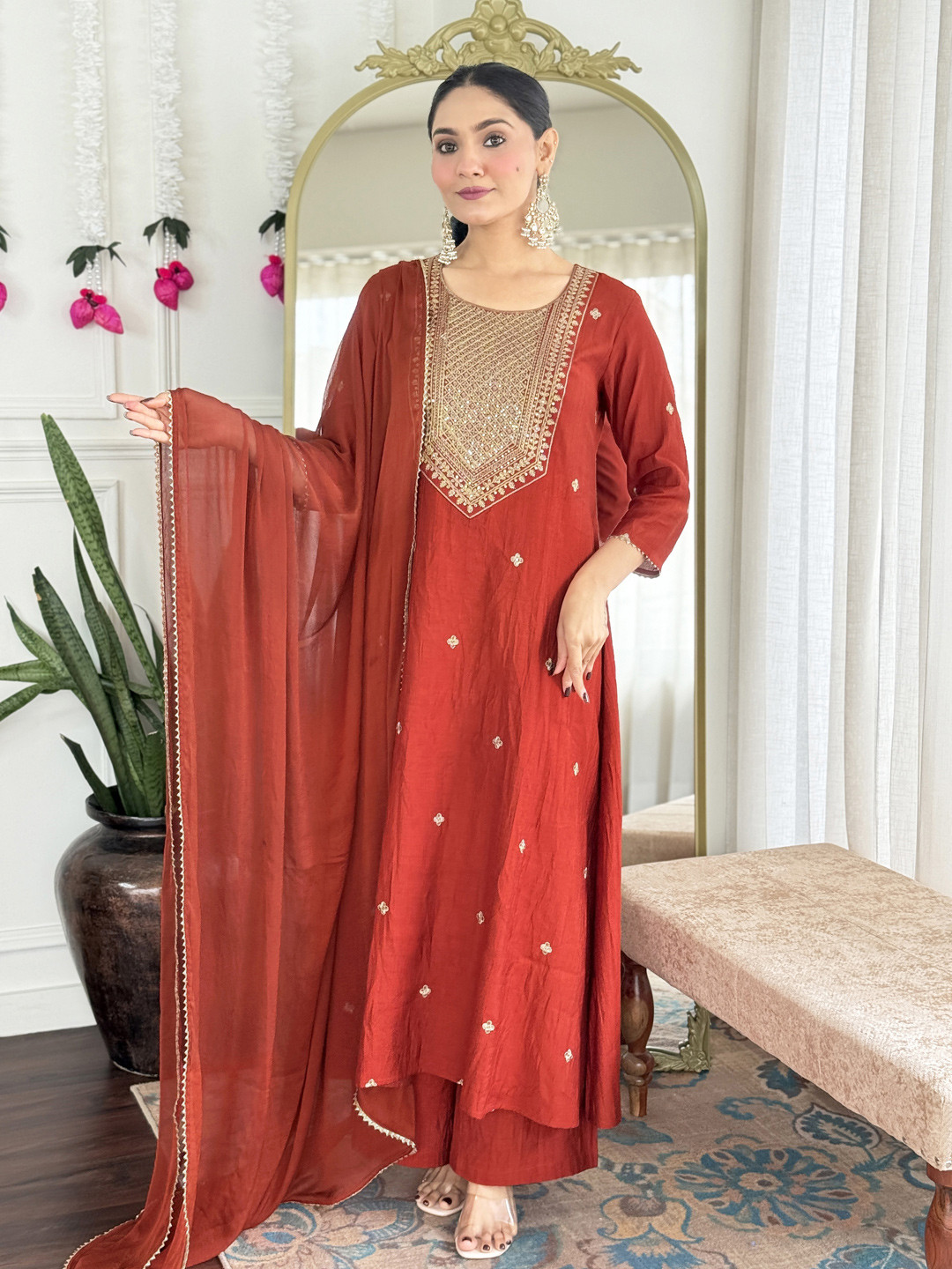 Aaghnya Women Rust Rayon Embroidered Regular Kurta Palazzos & Dupatta
