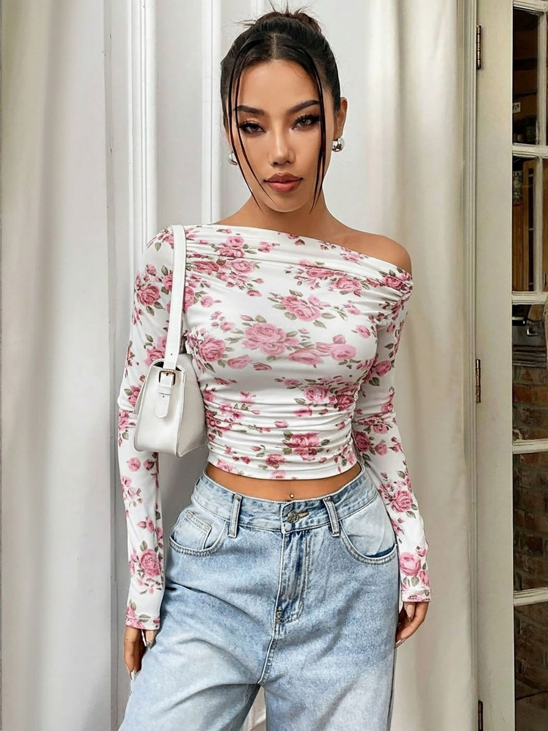 Womenster Women Floral Printed Gathered Off-Shoulder Full Sleeve Crop Top