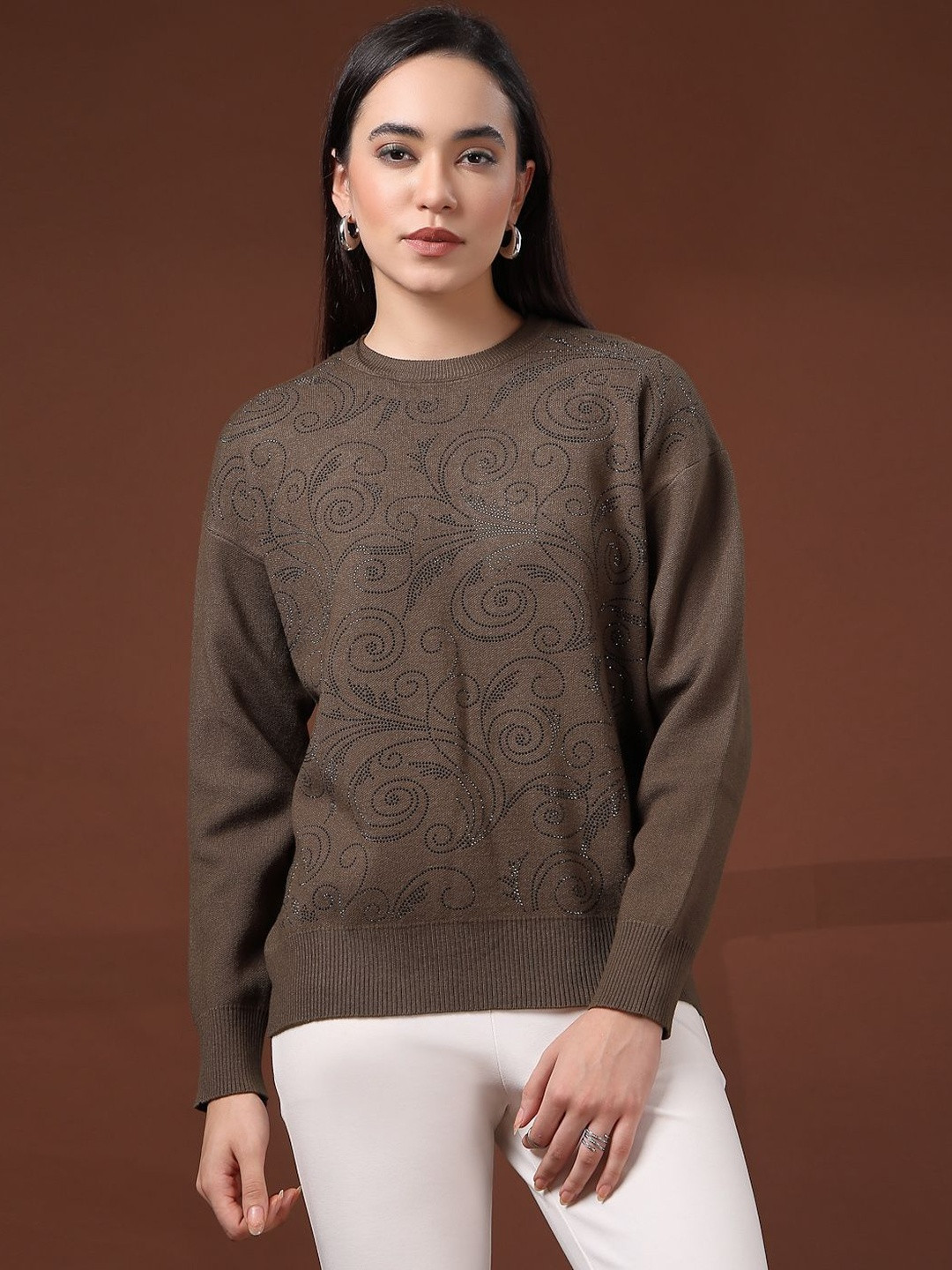 Mafadeny Women Embellished   Long-Sleeve Top with a Swirling Pattern