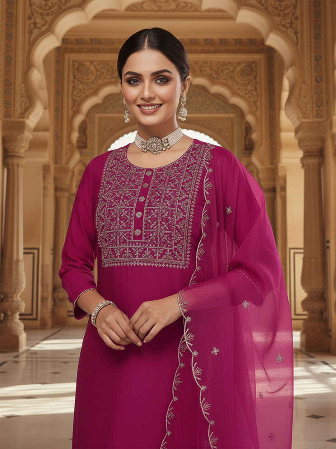 Royal Export Ethnic Motifs Embroidered Thread Work Velvet Kurta with Trousers & Dupatta