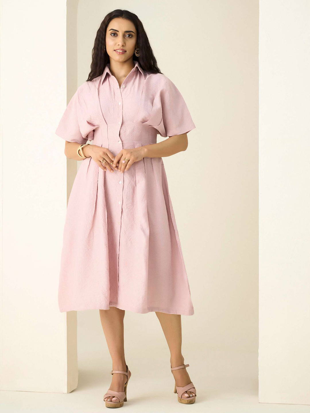 R.Code by The Roadster Life Co. Women Solid Regular Sleeve Pleated Shirt Dress