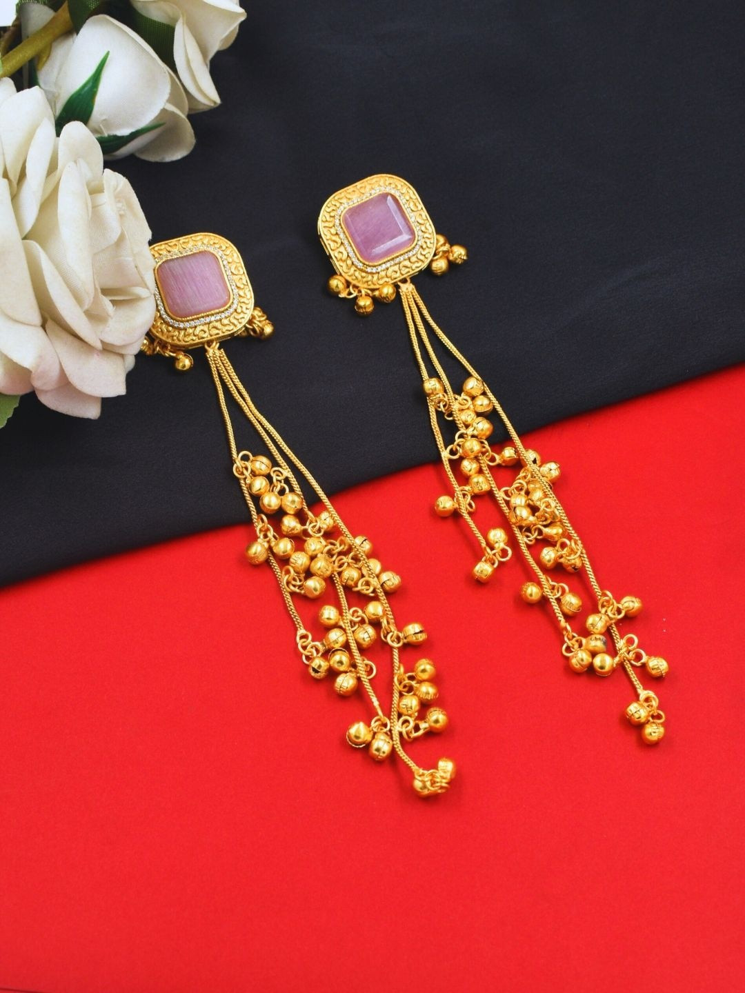 J & C Fashion Arena Gold-Plated Artificial Stones Studded Square Shaped Drop Earrings